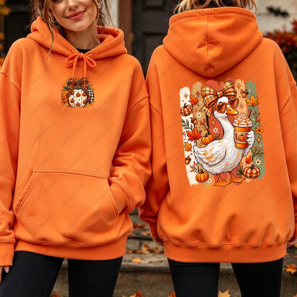 Fall Duck Pumpkin Spice Coffee Double Side Print Hoodie Women Casual Long Sleeve Cute Retro Sunglasses Bow Autumn Fashion Top view 5