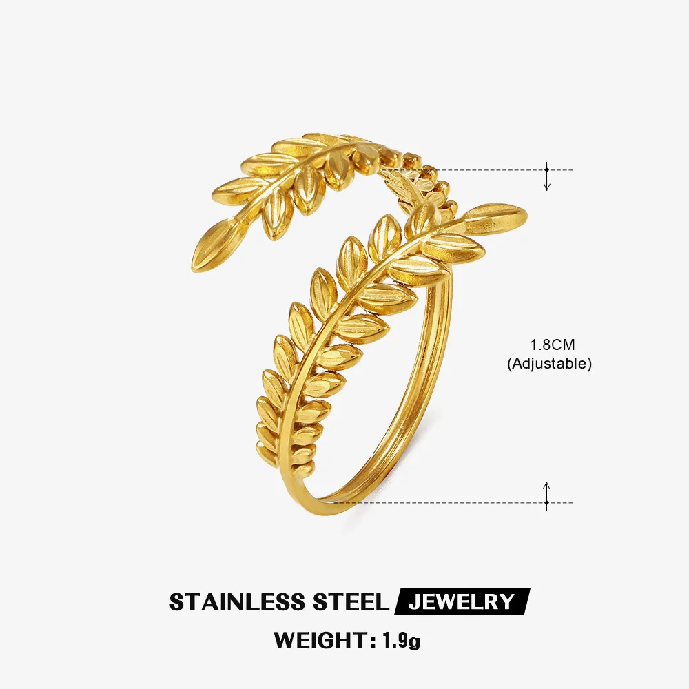 Botanical Leaf Open Ring 18K Gold Plated Titanium Steel Adjustable Ring for Women Vintage French Style Dainty Stackable Jewelr