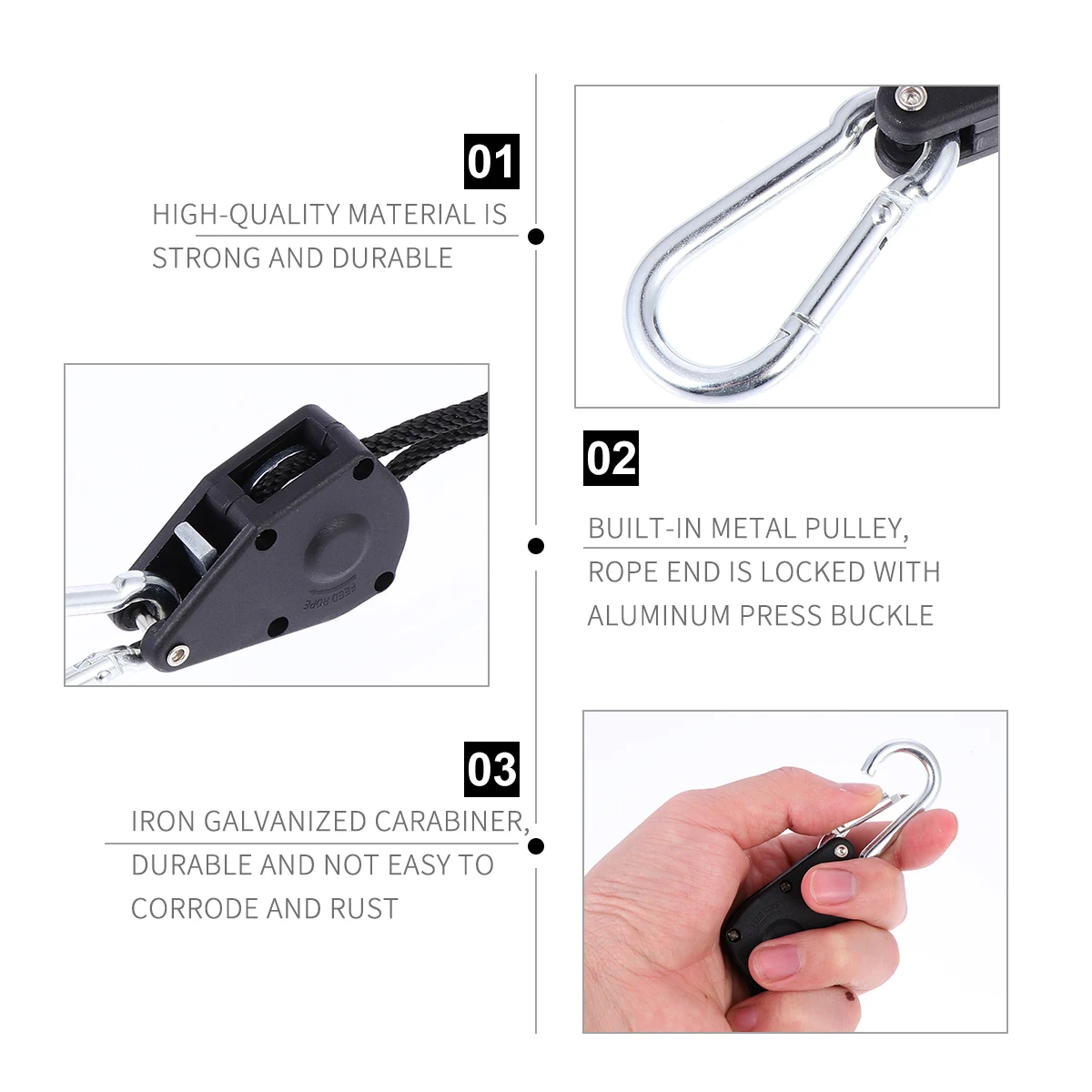 

4pcs Adjustable Lanyard Set Rope Hanger Pulley Grow Light Tightener Straps Sliding Buckle Galvanized Carabiner Aluminum Lock End