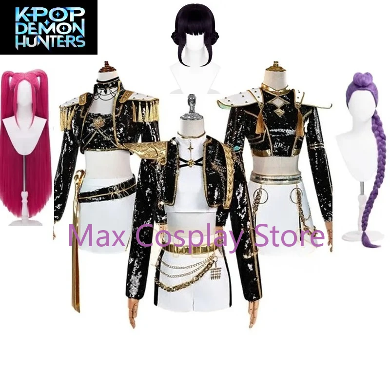 

Max Cos KPop Demon Hunters Косплей Rumi Zoey Mira Костюм Парик Женский Черный Золотой Крутой Костюм Хэллоуин Вечеринка Ролевая Игра Наряд