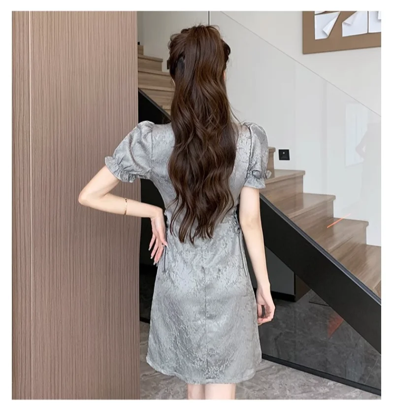 2024 New Chinese Style Improved Gray Cheongsam Women Vintage Short Dress Short Sleeve Hollow Out Traditional Elegant Slim Qipao