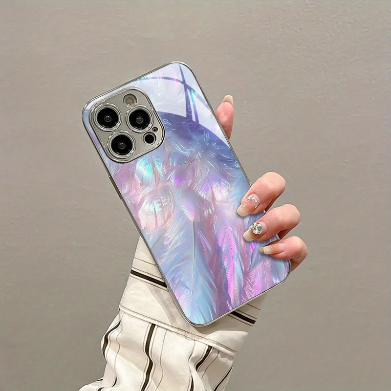 Colorful Feather Plated Glass Phone Case Suitable for iPhone 17 16 15 14 13 12 11 Pro/Max/Plus Anti Drop and Anti Shock