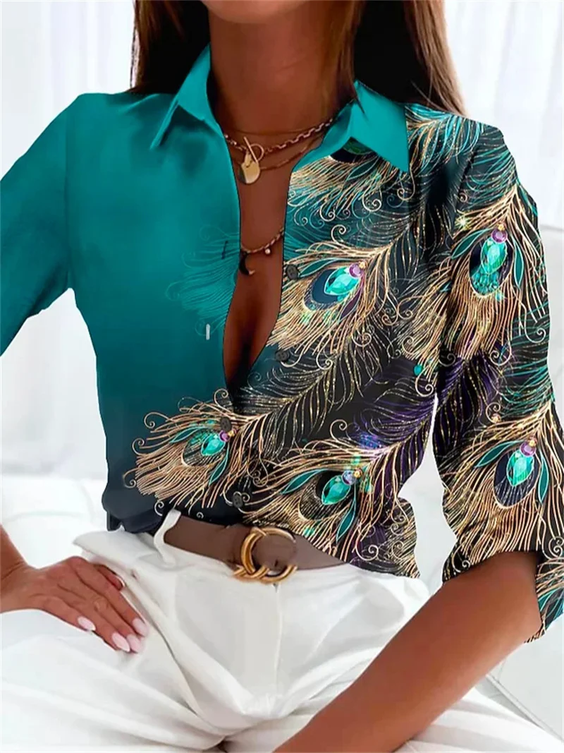 Camisa de solapa con estampado de piedras preciosas de plumas de pavo real para mujer, blusa suelta de viaje diario elegante, Tops de un solo pecho