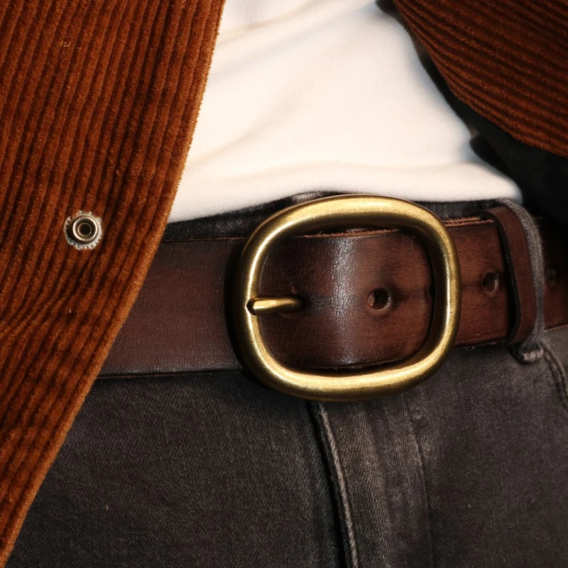 レトロスタイル-カジュアル-レザーベルト-ヴィンテージ-手作り-真鍮バックル-トップレイヤー-牛革-デニムエッジ-ウェア-イエローブロンズ-ラウンドボタン