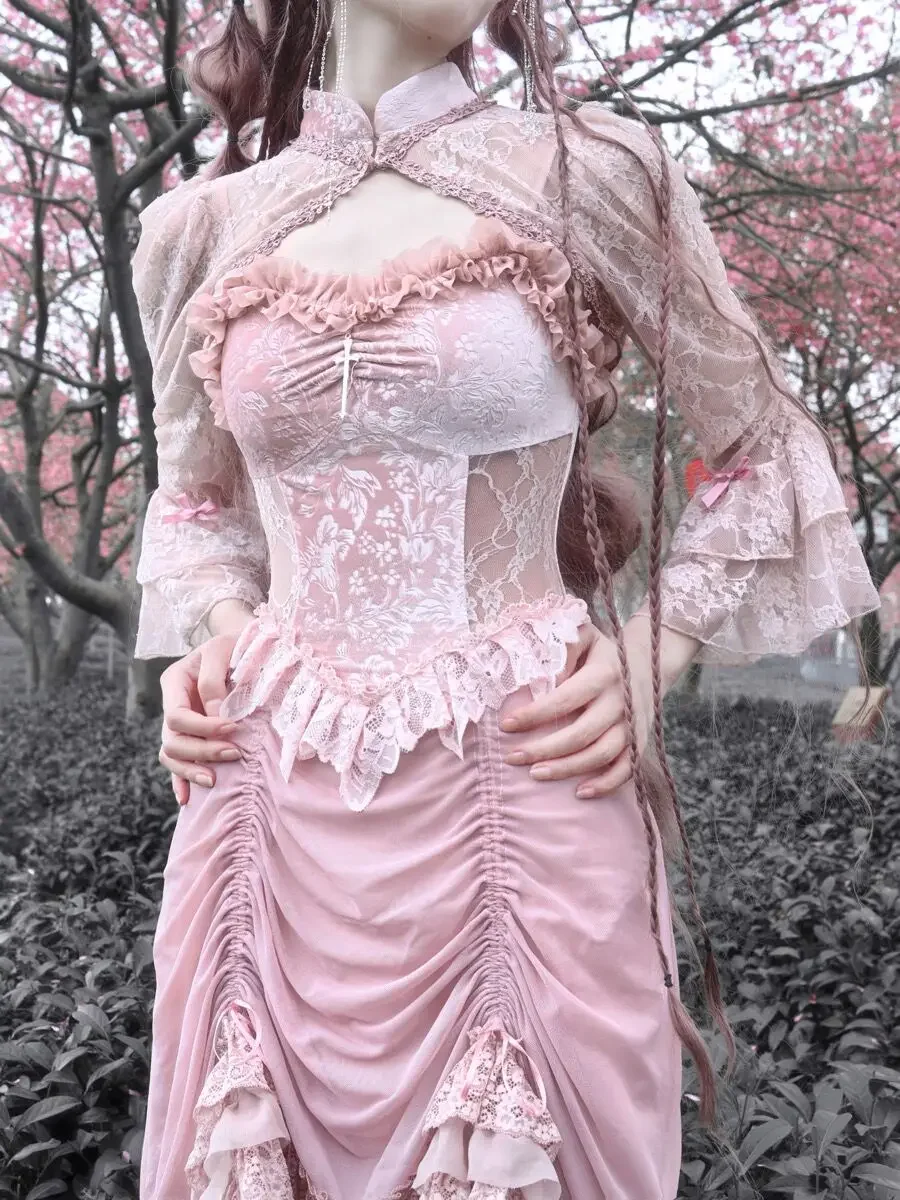 Blood Supply Original Design Romance Pink Spring Short Lace Coat Velvet Butterfly Sleeve Sweet Lolita Open Stitch Jacket Women