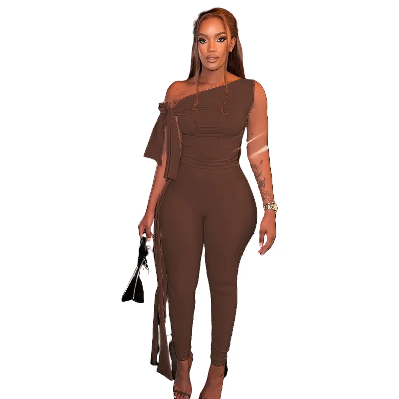 

Women's Lace-up Diagonal Collar Sleeveless Tops & Ribbons Long Pants, Solid Color, 2pcs Set