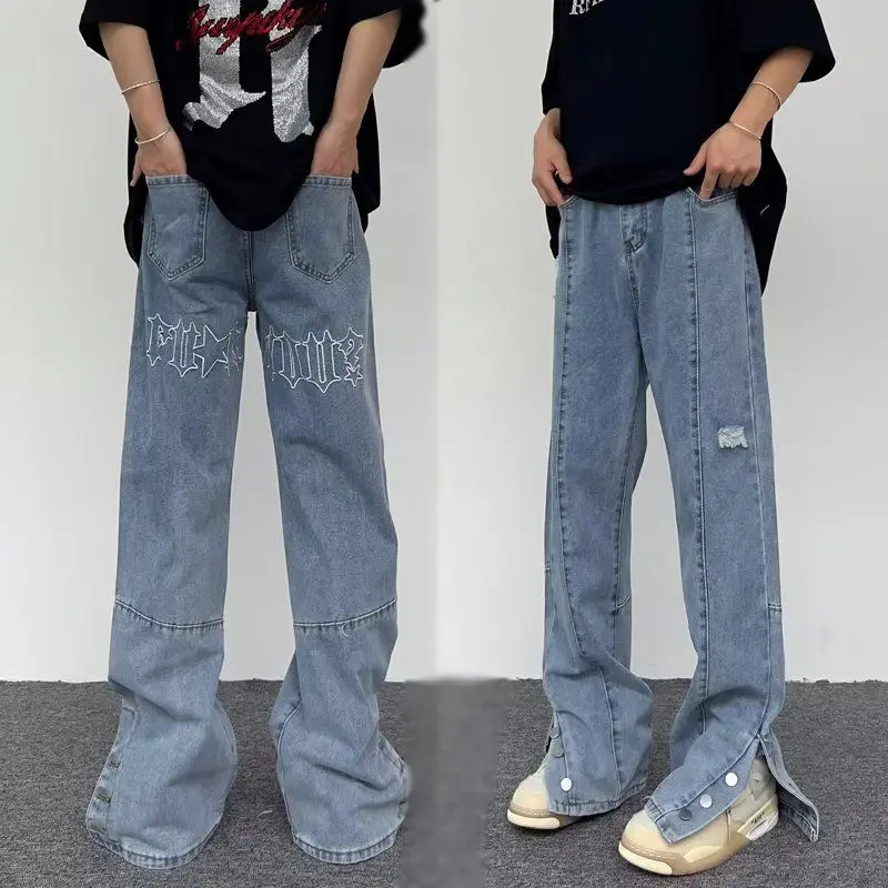 

Loose Fit Blue Embroidered Denim Jeans for Men with Ba Lettering Street Sle High Waist Straight Leg Casual Daily Wear