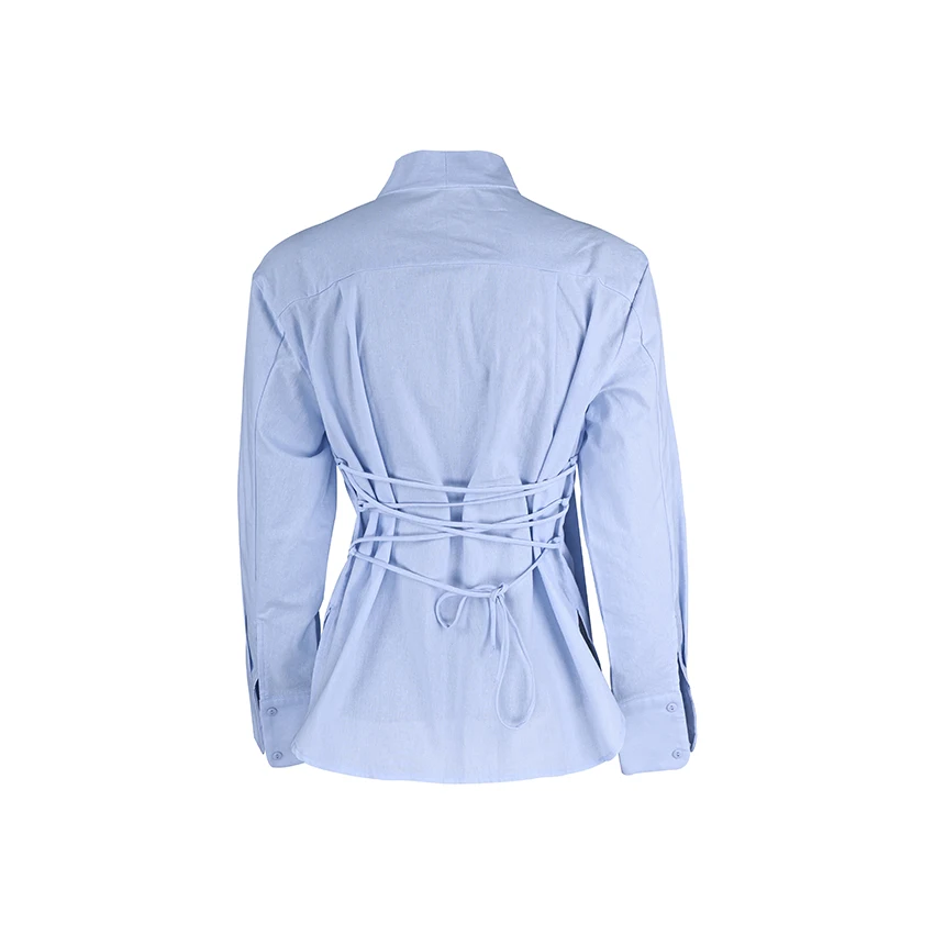 Linad Elegant Blue Cotton Scarf Collar Blouse Woman Office Red Single-Breasted Shirts Female Autumn Fashion Long Sleeve Top 2025 image 6