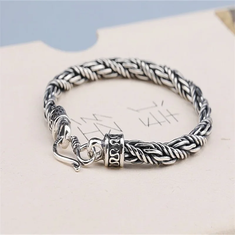 

S925 Sterling Silver Hand Woven Keel Chain Bracelet Men's Whip Chain Retro National Fashion Bracelet Silver Jewelry