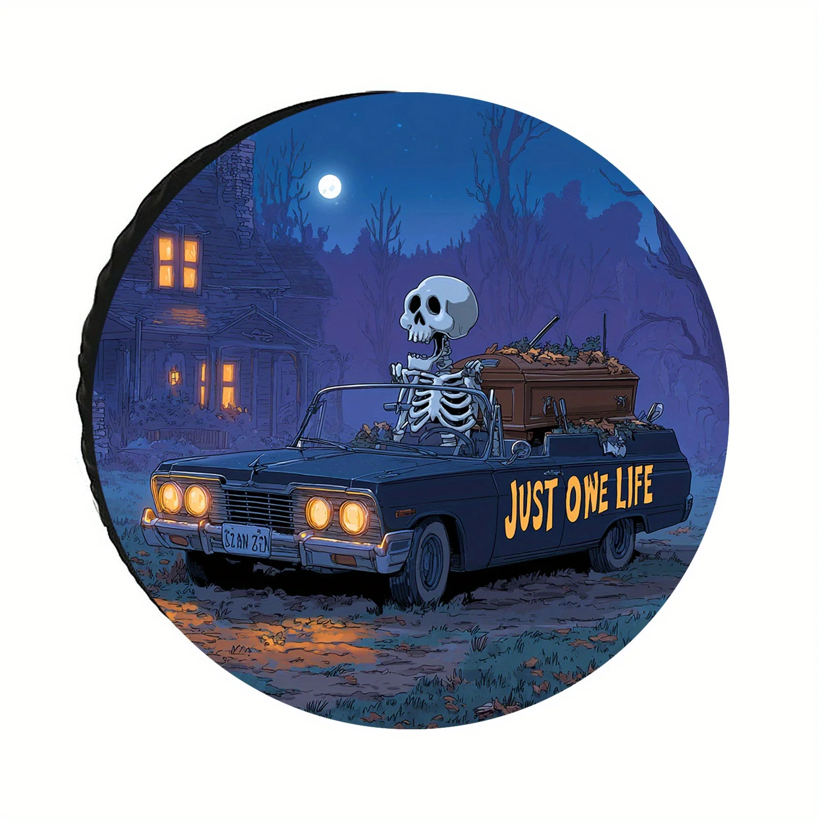 Skeleton And Car Print Spare Tire Cover - Suitable For Campers, RVs, SUVs, Trucks - Durable Polyester Tire Protector With Loneli