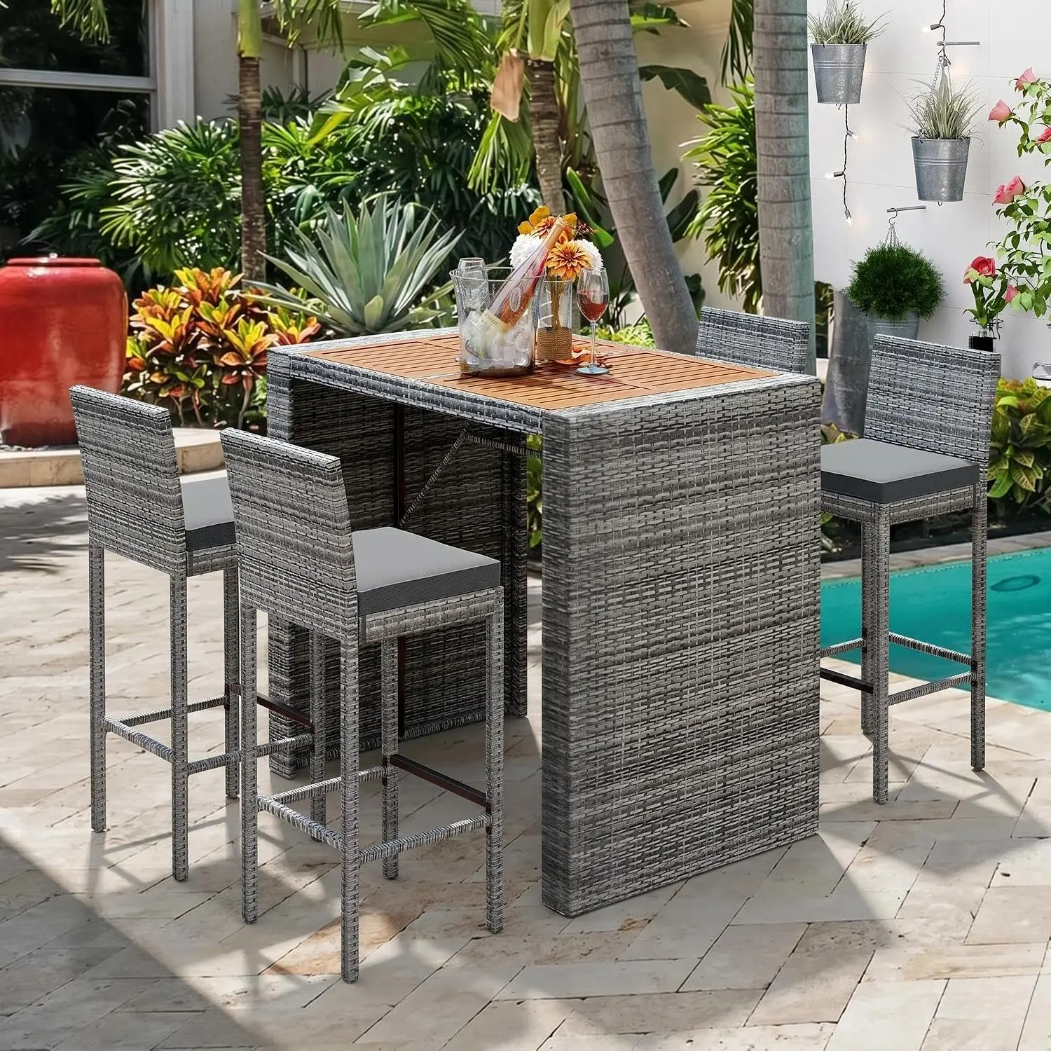 Modern 5-Piece Outdoor Patio Dining Set, PE Rattan Bar Set, 4 Bar Height Chairs with Non-Slip Feet, Acacia Wood Table, Customize