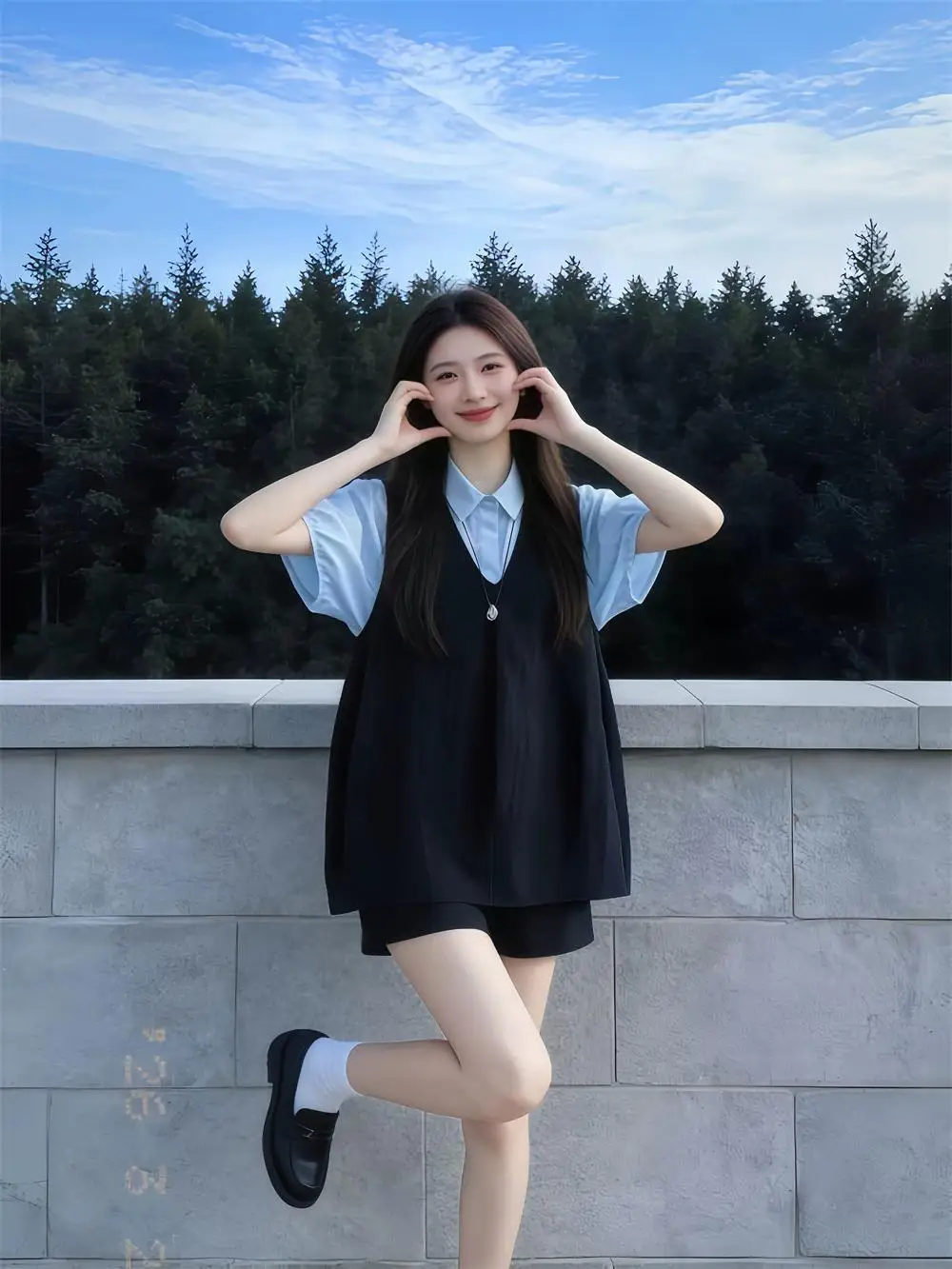 

Unique Beautiful Fashionable Summer Korean Style Lazy Layered Shirt Women's Vest Wide Leg Shorts Three Piece Set Ensemble