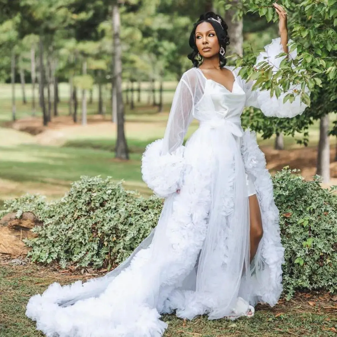Cswdocy Women Lady White Bridal Robe Wedding Dress for Brides A Line Tulle Sexy Ruffles Two Pieces To Be Bride Boudoir Robes