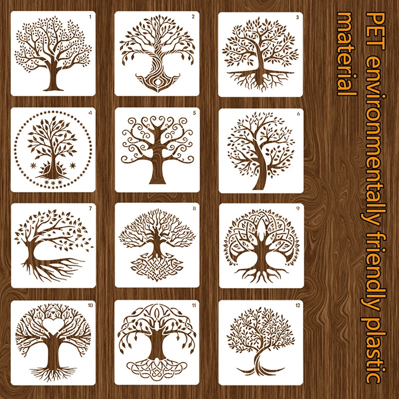 12Pcs Reusable Tree Stencils Set Tree Of Life Stencil For Painting On Wood Airbrush Drawing Templates Crafts Drawing Stencils