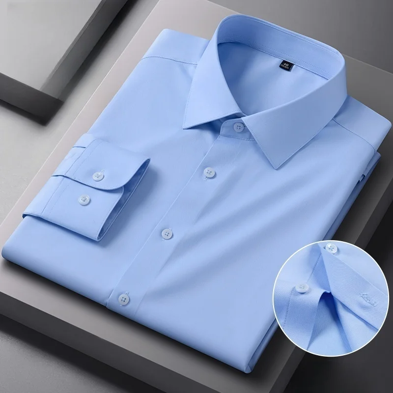 

Новая мужская рубашка из бамбукового волокна с длинным рукавом, против морщин, без глажки, тонкая модная повседневная деловая офисная белая, синяя социальная рубашка 5XL