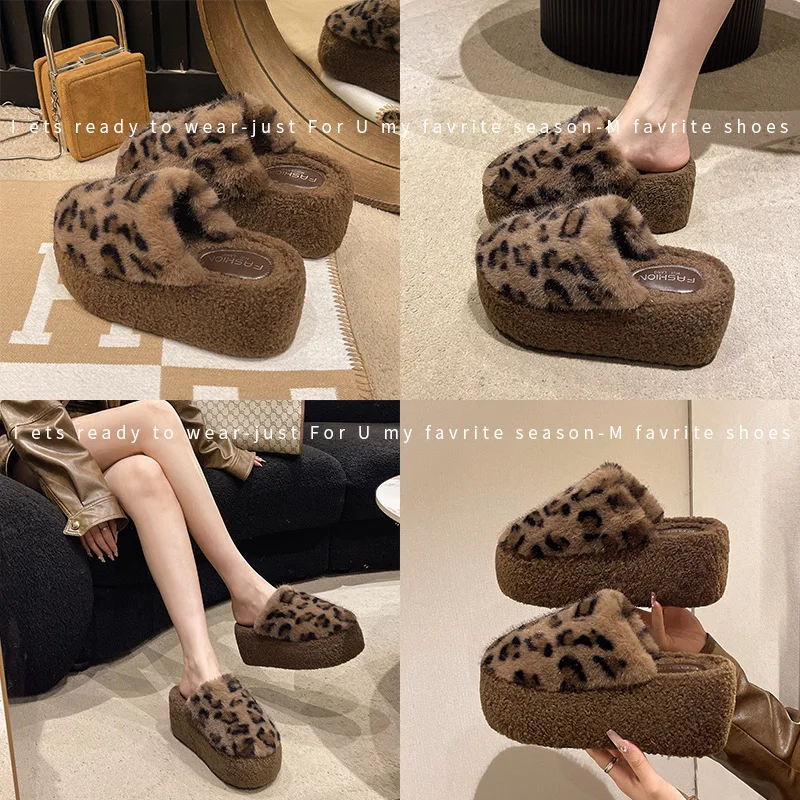 Flock Flat Shoes Female Slippers Heels High Short Plush Rubber Totem with High-Heeled Shoes Lady Slippers Flat Flock Totem Rubbe