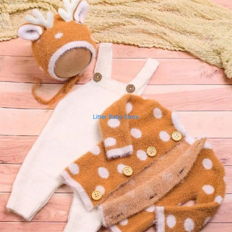 

N80C Festive Newborns Pictorial Costume Lovely Antler Headwear Warm Hat and Knit Overalls Strap Pants with Dotted Top