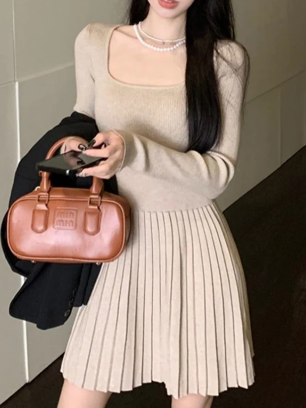 Outono inverno feminino malha dr gola quadrada longa sve fino ajuste ort saia linha a faionable plissado camada base dr