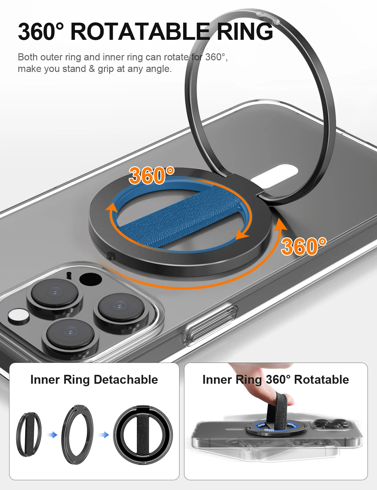 EWA MagOne Ultra Cell Phone Holder, Removable Magnetic Ring Mount Kickstand Ring for iPhone 15, 14, 13 Pro/Max/Plus