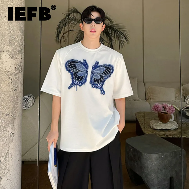 

IEFB Korean Style Male T-shirts Loose Denim Butterfly Patchwork Tees Round Neck Short Sleeve Men's Tops New Chic Summer 9C6371