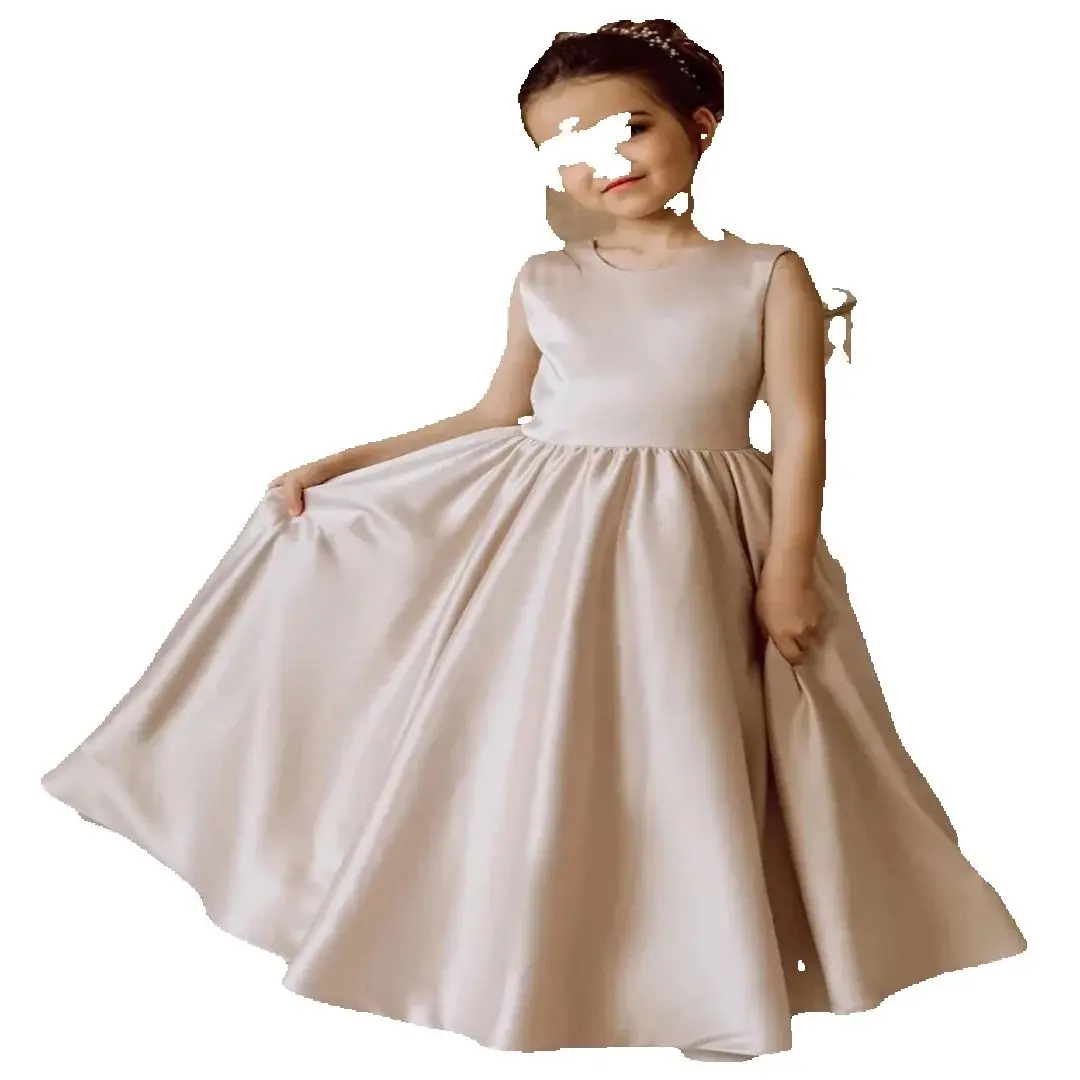 Dusty Pink Satin White Appliques Sleeveless For Wedding Birthday Party First Communion Gowns Flower Girl Dresses