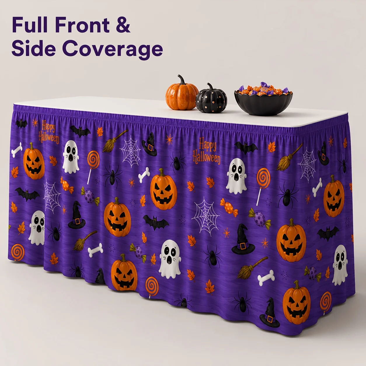Table skirt 1 piece. Halloween vintage horror table skirt, featuring a pink vintage bat, cat and pumpkin print.xzj