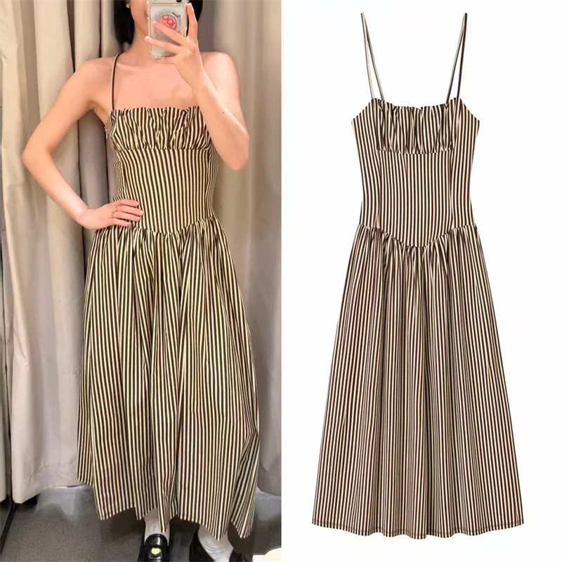 

Women's Dress 2026 Summer New Style Brown Striped Spaghetti Strap Midi Dress Casual Fashion Beach Vacation
