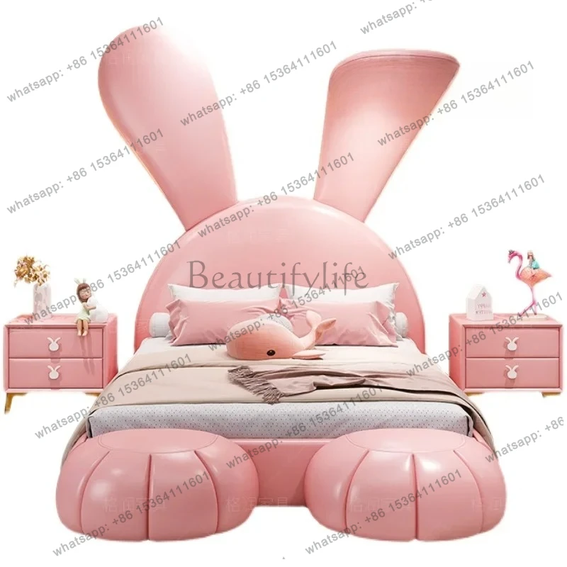 

Creative rabbit children's bed, pink girl princess bed light luxury cartoon function solid wood leather bed