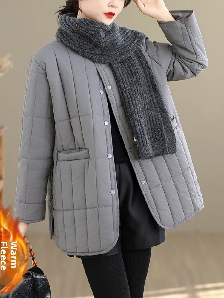 

High-End Stylish Thin Cotton Warm round Neck Cotton Jacket Women Winter Large Size Meat Conceal Slimming Cotton Clothes