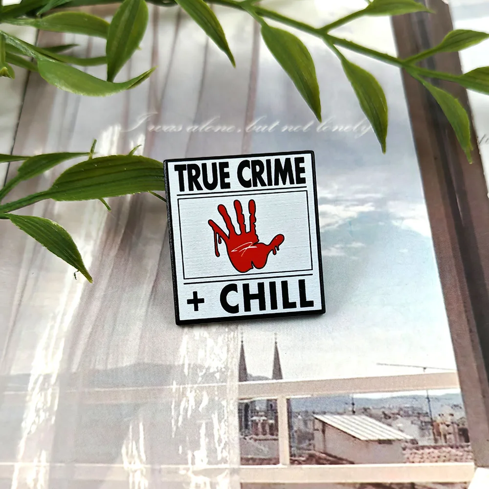 True Crime + Chill Theme Badge Blood Handprint Personalized Brooch Simple Trendy Cool Square Metal Pin Clothing Accessories Gift