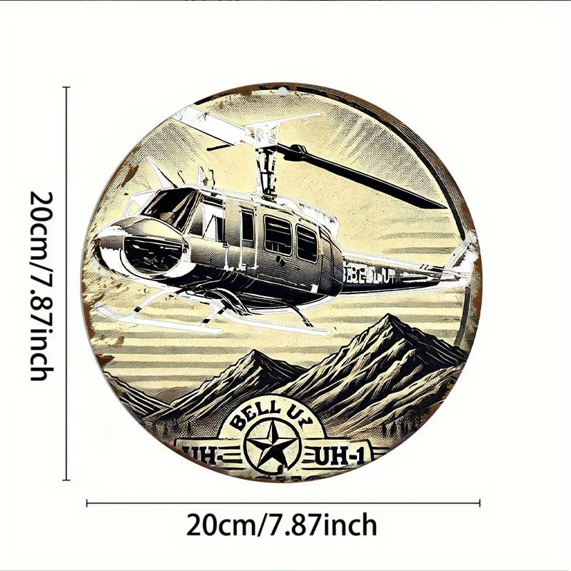 2D Flat, 1pc Vintage Bell UH-1 Iroquois Helicopter & Mountain Metal Wall Art - 7.87x7.87inch Round Iron Sign with Detailed 2D Fl