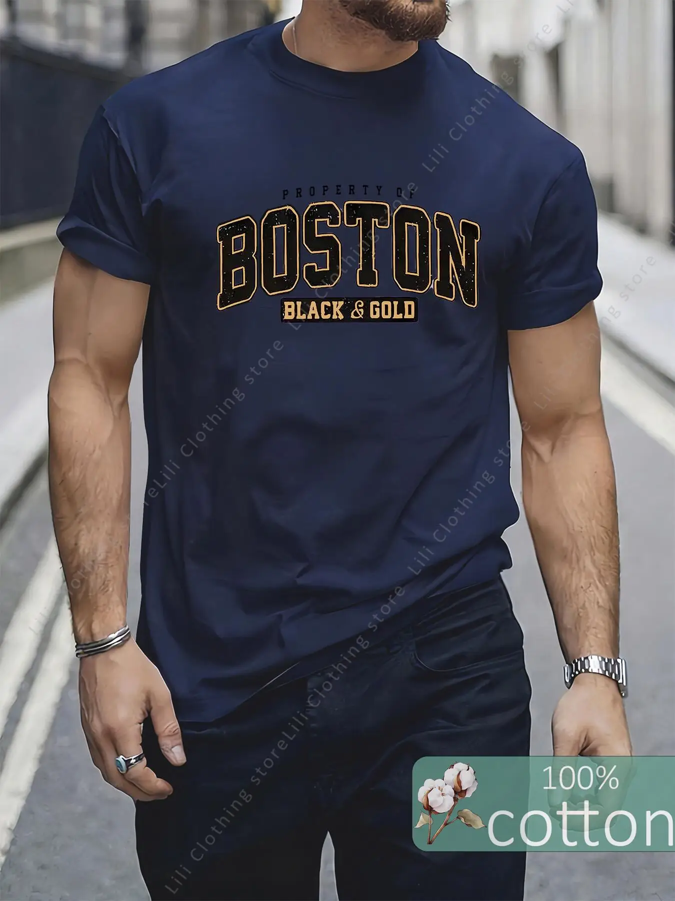 BOSTON 100% Cotton Men's T Shirts Summer Letter Graphic Print Streetwear Oversized Short Sleeve Tees Tops T-Shirts For Man 2026