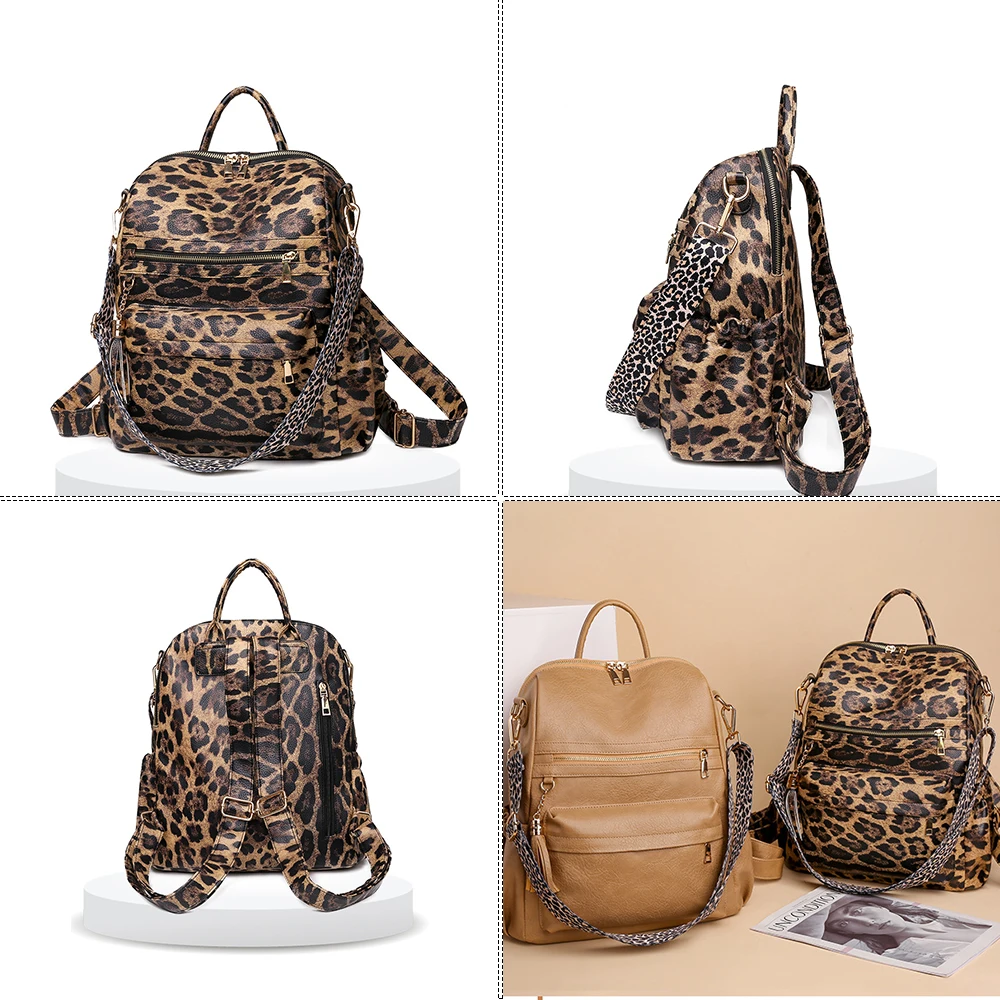 Winter Women Casual Backpack PU Leather School Backpack For Teenager Girls Travel Backpack Vintage Fashion Leopard Shoulder Bags