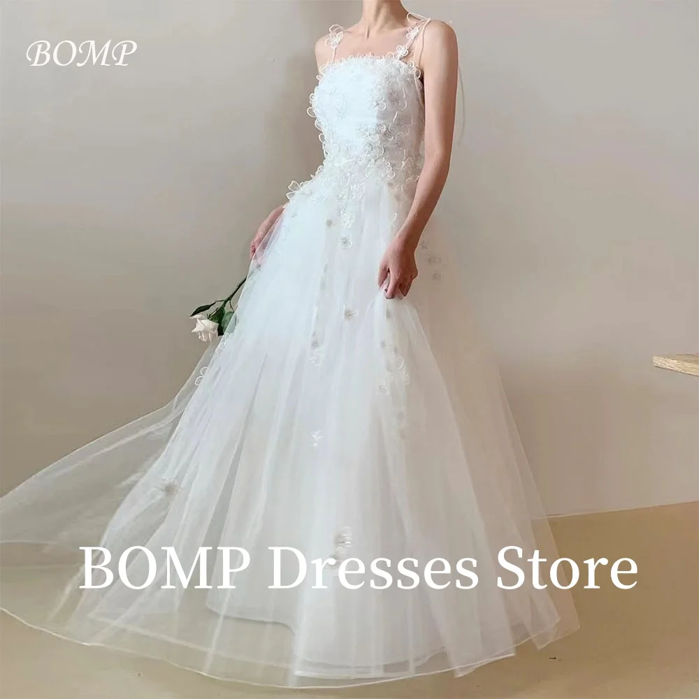 

BOMP Elegant Flora Wedding Party Dress Spaghetti Strap Corset White Tulle Korea Photo Shoot Bridal Reception Gown Customized