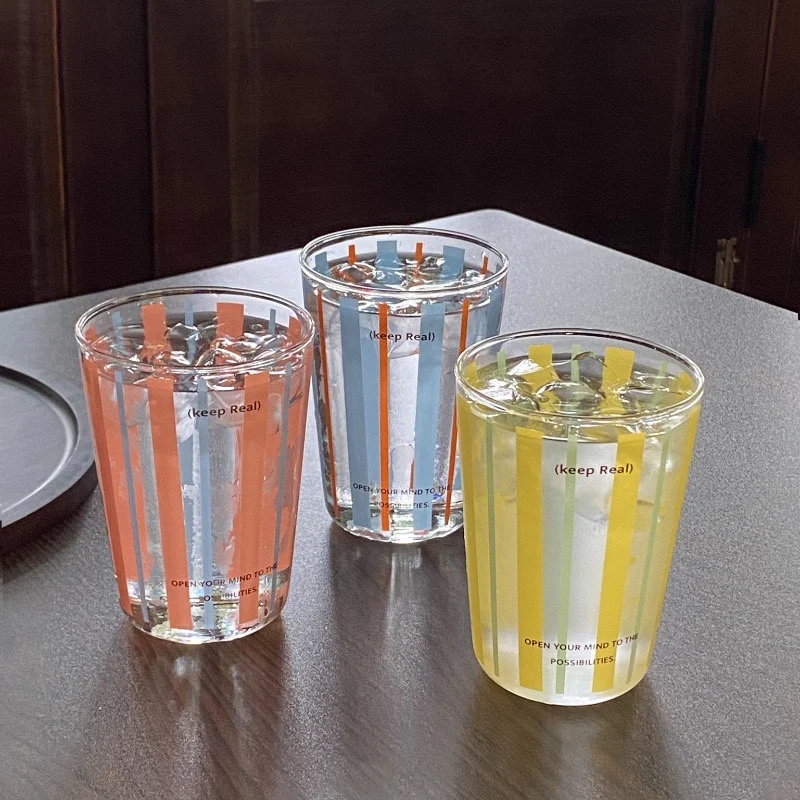 High-end Korean Contrasting Color Glass Cups High Temperature Resistant Household Coffee Cup Line Designed Cold Drink Cup