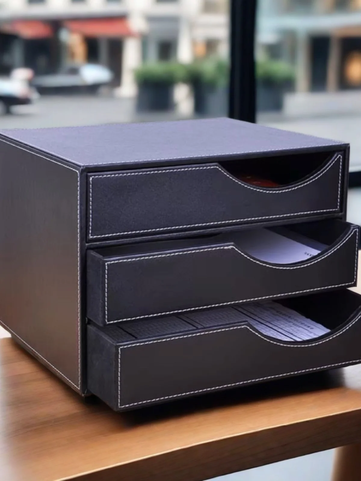 Leather desktop storage box A4 data rack organizer with three layers of storage cabinets