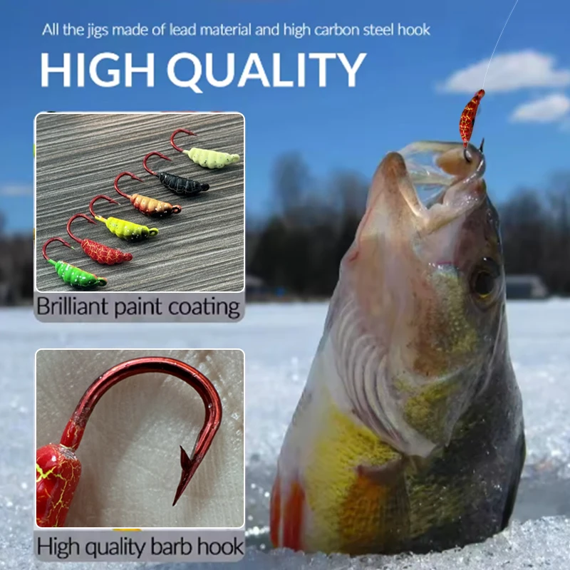 TAKEDO 6PCS/BAG 22MM 1.5G Maggot Worm Fishing Lure Ice Fishing Hook Lead JigBait Metal Jig Hooks Carp Bass Ice Lure