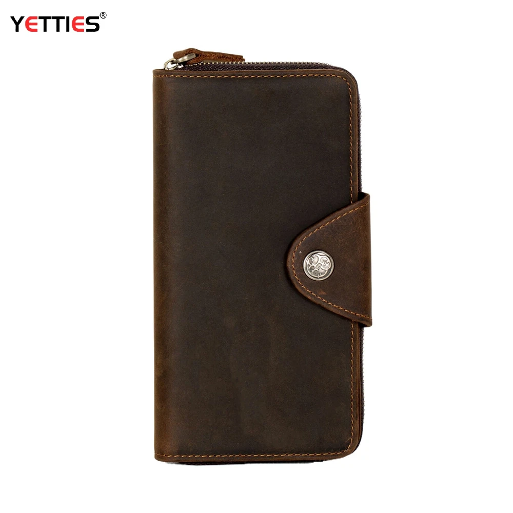 

YETTIES Crazy Horse Leather Men's Zipper Wallet with Buckle Multi-card Slot Silver Head Layer Cowhide Retro