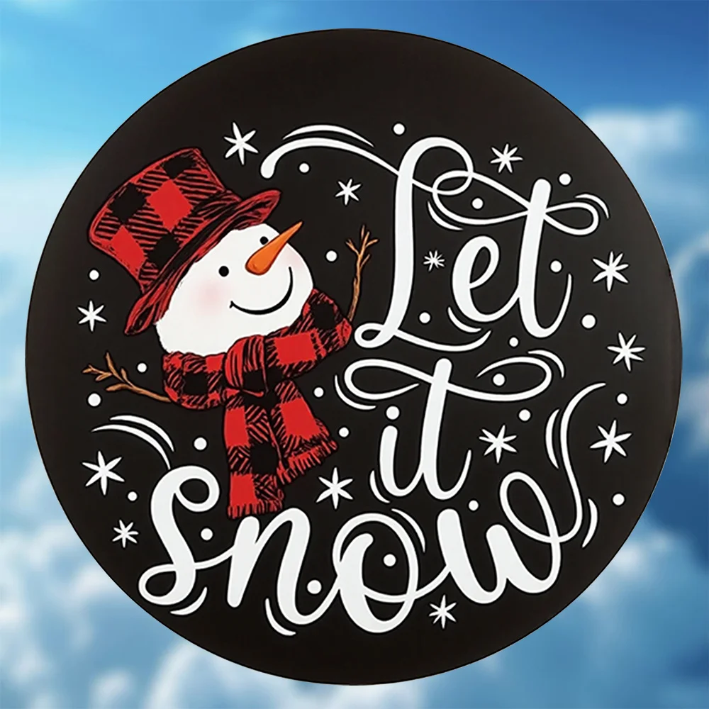 Let It Snow Buffalo Plaid Snowman Round Metal Sign, 2D Flat Printed Black Christmas Winter Art Tin Plaque, Rustic Farmhouse Holi