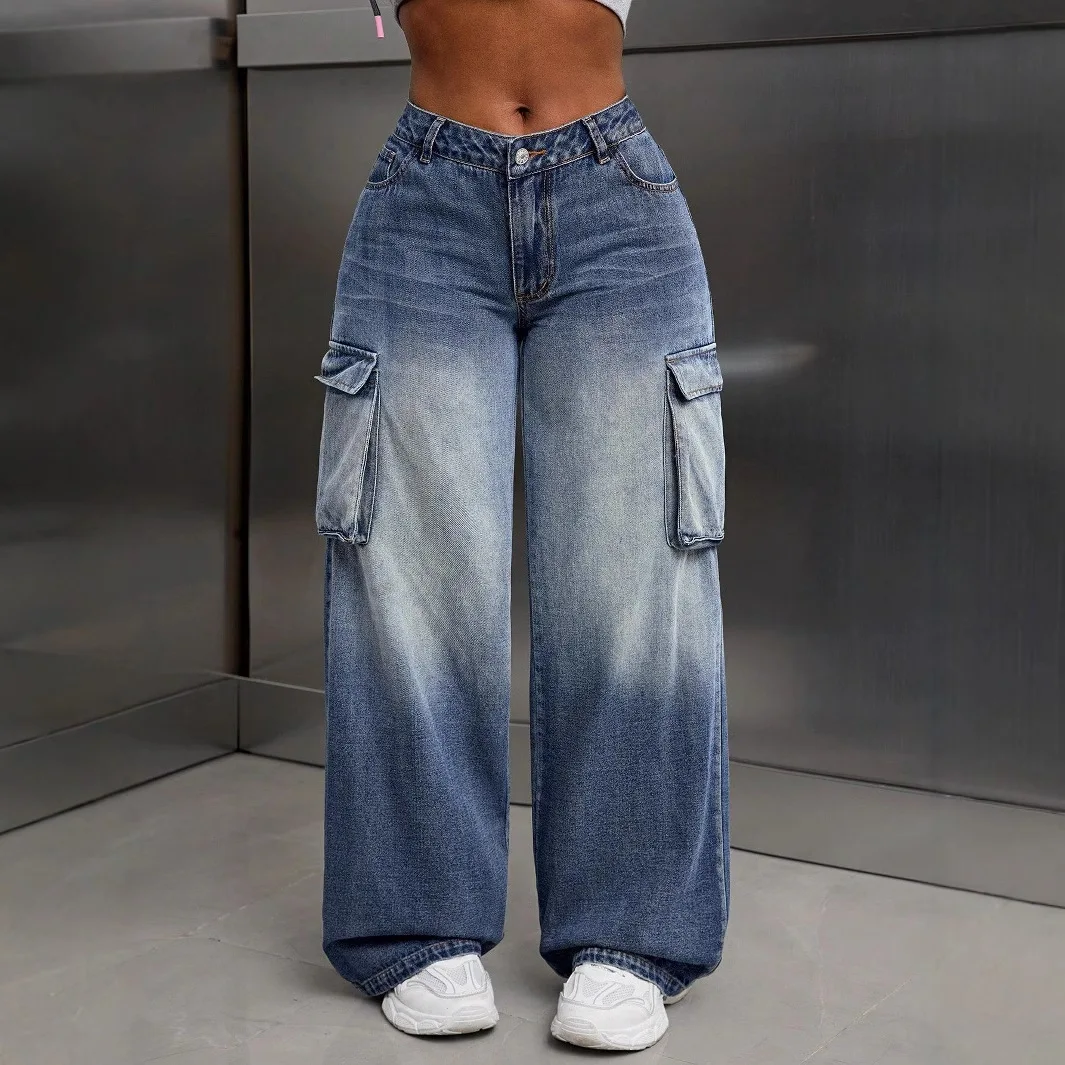 Cargo Jeans Women's Wide Leg Multi Pocket Faded Wash Utility Denim Pants Streetwear Trousers