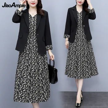 2025 Spring Autumn New Suit Coat Floral Sling Dress Two-piece Women's Professional Suit Korean Fashion Blazers Jacket Skirt Set