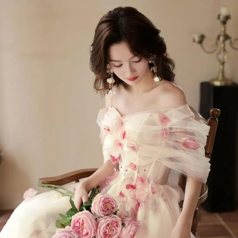 Women Wedding Bridesmaid Dress Flower Elegant Off Shoulder Tulle Ball Gown Young Girls Long Evening Prom Dresses Birthday Party