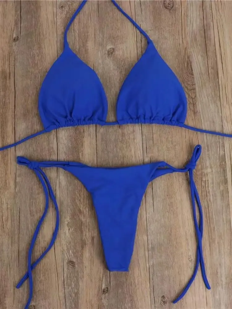 Kobiety seksowne stringi Bikini Set boczne wiązanie na szyi stroje kąpielowe damski pasek z rozcięciem regulowany bandaż styl brazylijski kostium kąpielowy strój kąpielowy