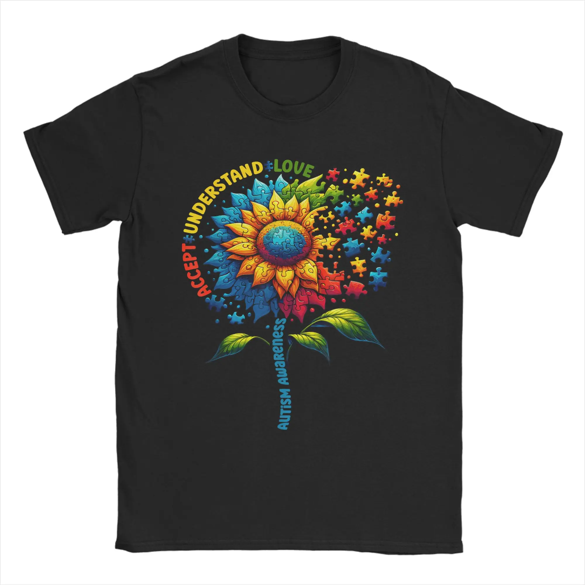 Men T-Shirt Autism Awareness Sunflower Funny Cotton Tees Short Sleeve  T Shirt Crew Neck Tops Printed