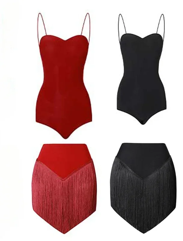 Sexy Latin Dance Costumes Tight Top Jumpsuit Tassel Skirt Practice Cha Cha Rumba Ballroom Dancing Performance Clothes for Women