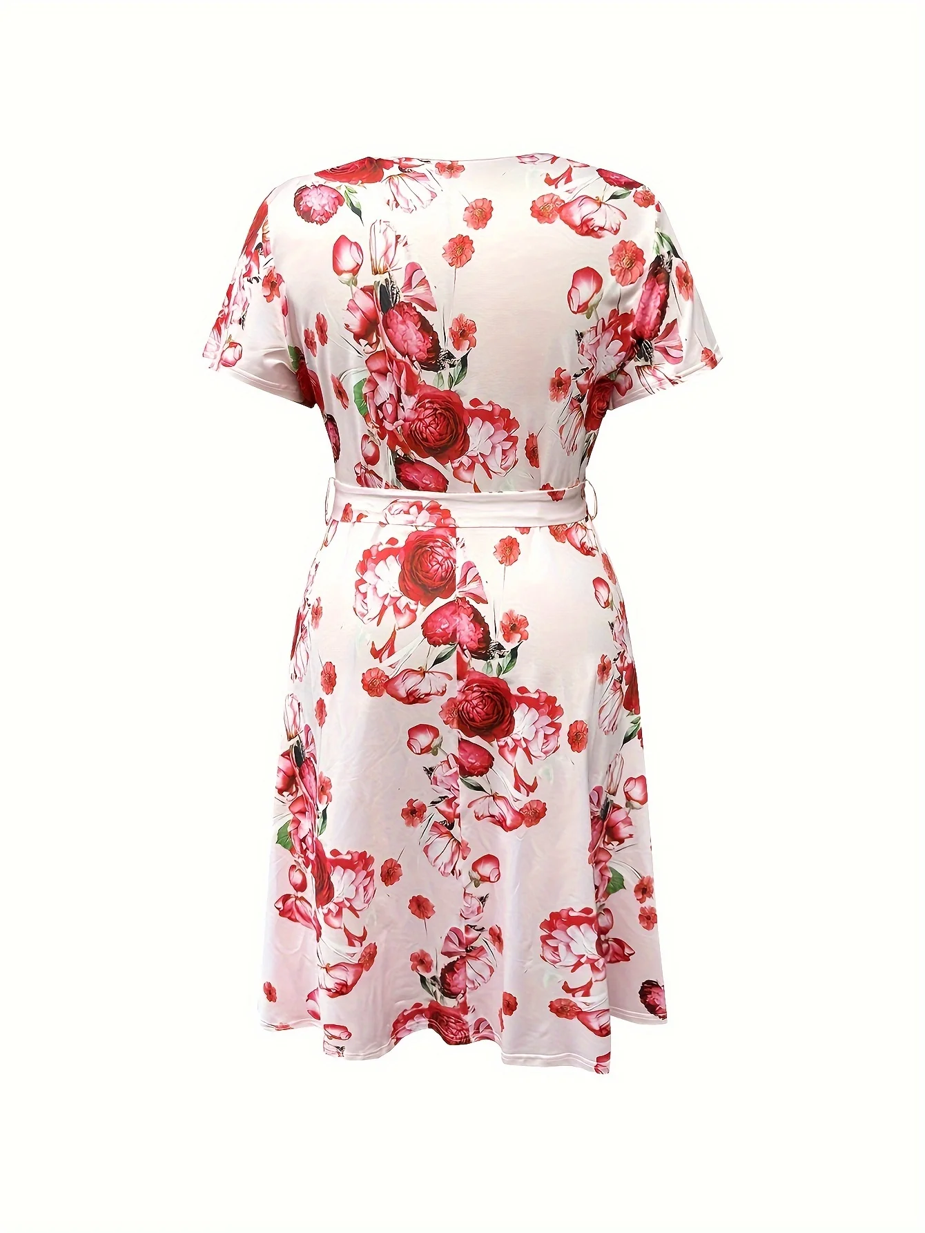 Plus Size V-neck Lace-up Dress High Stretch Slimming Fabric Beautiful Rose Print Elegant Gentle Lady Wear Spring Summer good