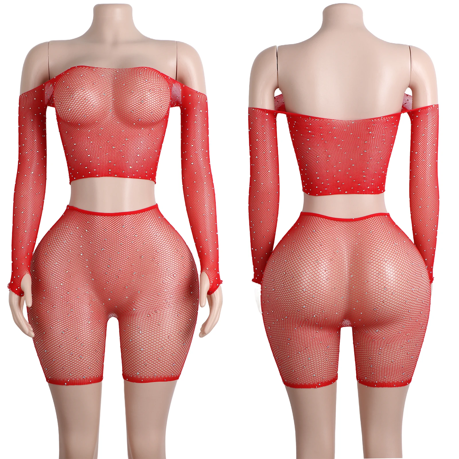 

Exotic Two-Piece Shorts Mesh Rhinestone Butt Performance Spandex Club Outfits Stripper Costume Stage Sexy Dancewear Bodysuit
