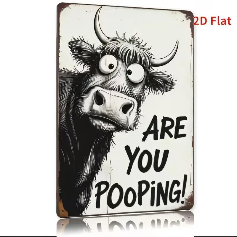 2D Flat Funny Cow Are You Pooping! Vintage Metal Tin Sign - Retro Cartoon Design, Black White, Iron, Perfect for Bathroom/Farmho