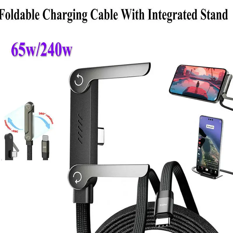 65/240W Foldable Charging Cable With Integrated Stand Phone Holder Stand Bracket For Gaming Video 90° Ellow For iPhone HuaWei