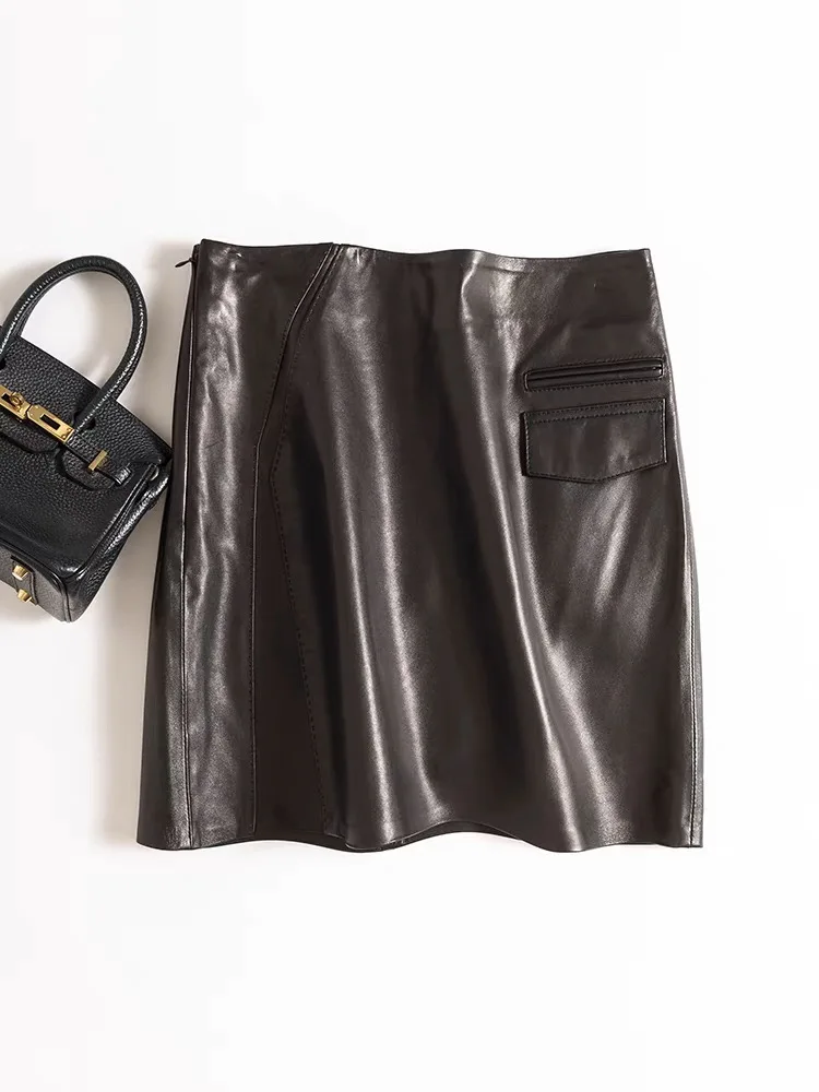 Genuine Leather Mini Skirt for Women High-end 100% Sheepskin Short Sexy Front A-shape Mini Skort Pocket Decoration